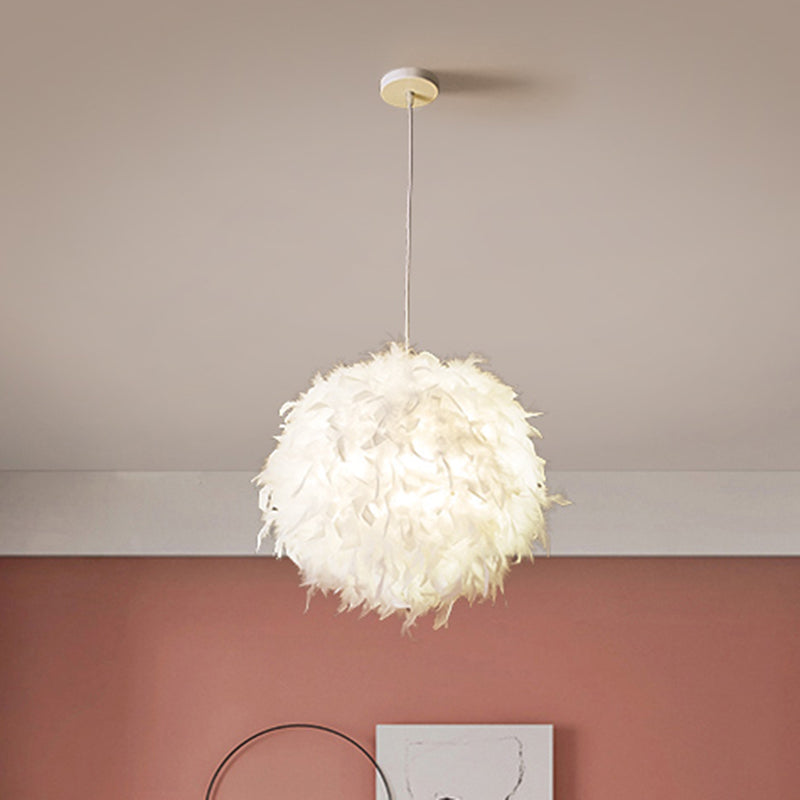 Spherical Bedroom Hanging Pendant Feather 1 Head Minimalistic Suspension Light in White Clearhalo 'Ceiling Lights' 'Modern Pendants' 'Modern' 'Pendant Lights' 'Pendants' Lighting' 2459936