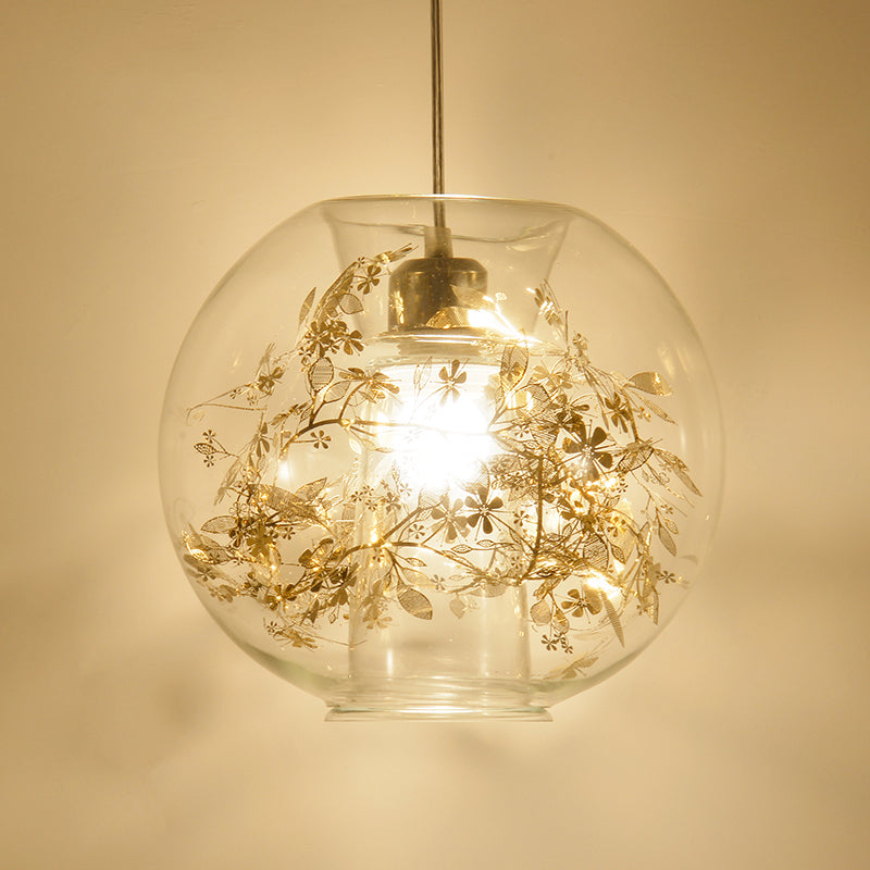 Global Transparent Glass Suspension Light Minimalist 1 Bulb Ceiling Pendant with Scattered Flower Deco Gold Clearhalo 'Ceiling Lights' 'Close To Ceiling Lights' 'Glass shade' 'Glass' 'Modern Pendants' 'Modern' 'Pendant Lights' 'Pendants' Lighting' 2459939