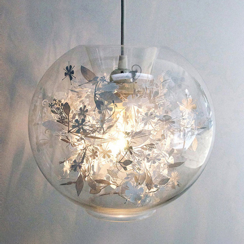 Global Transparent Glass Suspension Light Minimalist 1 Bulb Ceiling Pendant with Scattered Flower Deco Silver Clearhalo 'Ceiling Lights' 'Close To Ceiling Lights' 'Glass shade' 'Glass' 'Modern Pendants' 'Modern' 'Pendant Lights' 'Pendants' Lighting' 2459940