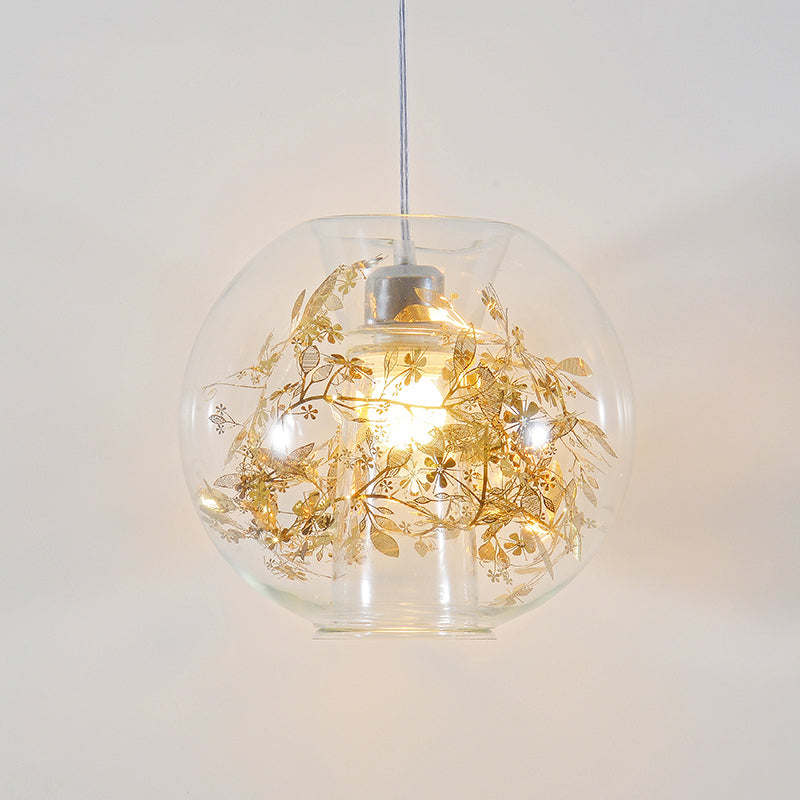 Global Transparent Glass Suspension Light Minimalist 1 Bulb Ceiling Pendant with Scattered Flower Deco Clearhalo 'Ceiling Lights' 'Close To Ceiling Lights' 'Glass shade' 'Glass' 'Modern Pendants' 'Modern' 'Pendant Lights' 'Pendants' Lighting' 2459941