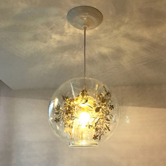 Global Transparent Glass Suspension Light Minimalist 1 Bulb Ceiling Pendant with Scattered Flower Deco Clearhalo 'Ceiling Lights' 'Close To Ceiling Lights' 'Glass shade' 'Glass' 'Modern Pendants' 'Modern' 'Pendant Lights' 'Pendants' Lighting' 2459943