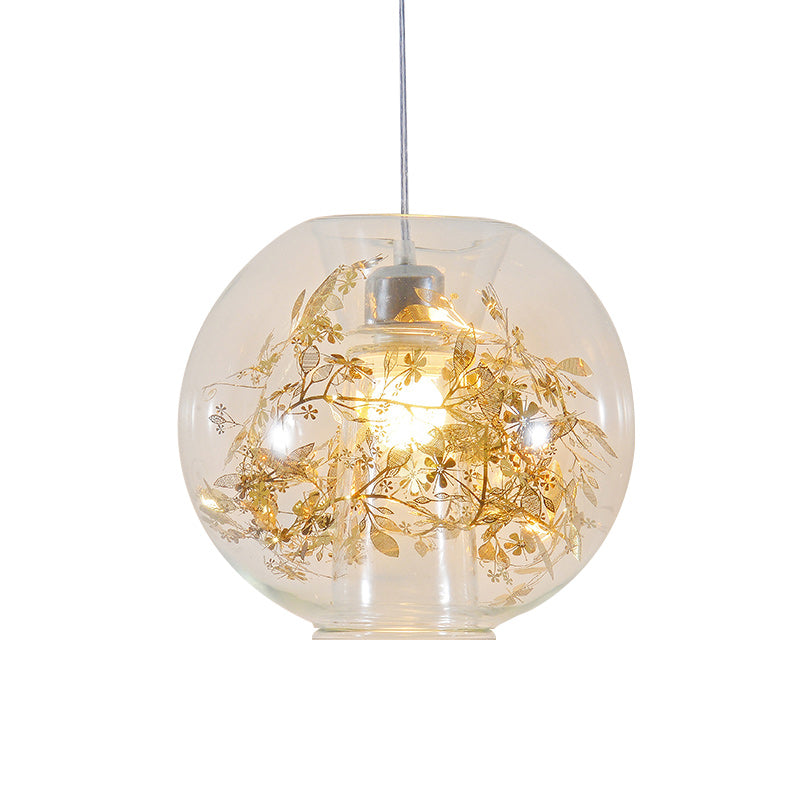 Global Transparent Glass Suspension Light Minimalist 1 Bulb Ceiling Pendant with Scattered Flower Deco Clearhalo 'Ceiling Lights' 'Close To Ceiling Lights' 'Glass shade' 'Glass' 'Modern Pendants' 'Modern' 'Pendant Lights' 'Pendants' Lighting' 2459944