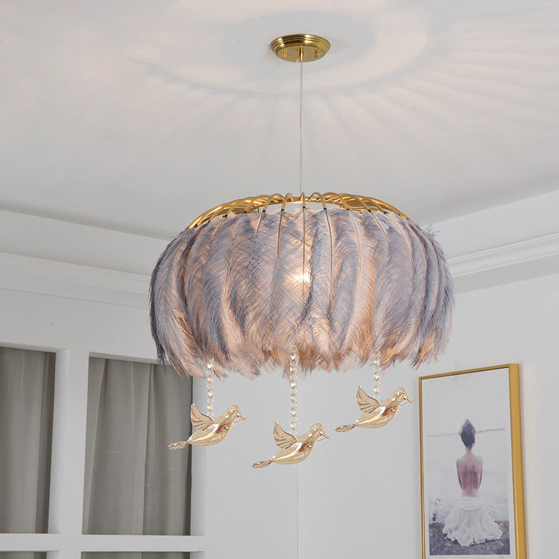 Nordic Circular Hanging Light Fixture Feather Dining Room Chandelier Pendant Light Grey Bird Clearhalo 'Ceiling Lights' 'Chandeliers' 'Modern Chandeliers' 'Modern' Lighting' 2459964