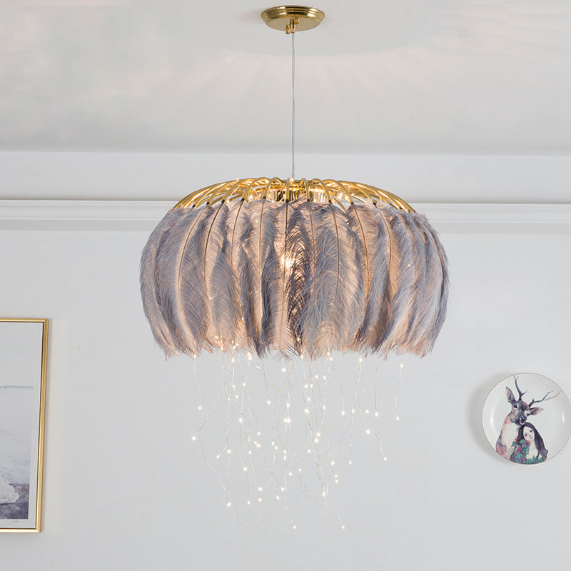 Nordic Circular Hanging Light Fixture Feather Dining Room Chandelier Pendant Light Grey Gypsophila Clearhalo 'Ceiling Lights' 'Chandeliers' 'Modern Chandeliers' 'Modern' Lighting' 2459966