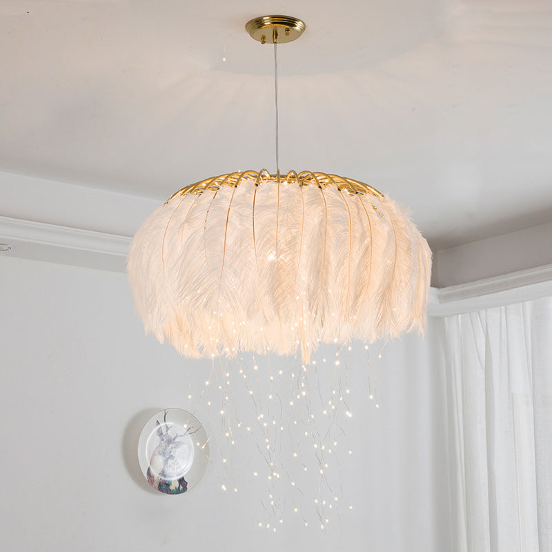 Nordic Circular Hanging Light Fixture Feather Dining Room Chandelier Pendant Light White Gypsophila Clearhalo 'Ceiling Lights' 'Chandeliers' 'Modern Chandeliers' 'Modern' Lighting' 2459968