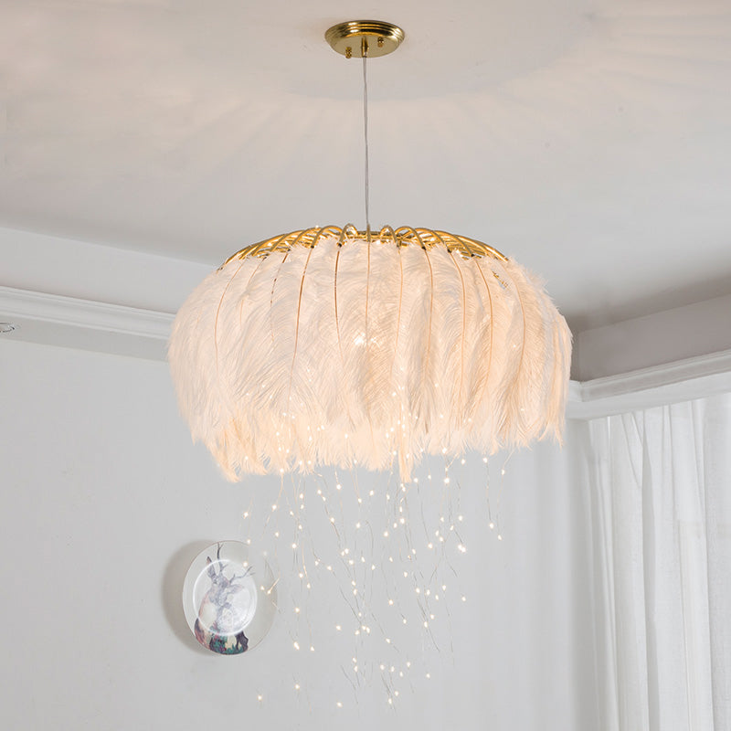 Nordic Circular Hanging Light Fixture Feather Dining Room Chandelier Pendant Light Clearhalo 'Ceiling Lights' 'Chandeliers' 'Modern Chandeliers' 'Modern' Lighting' 2459977