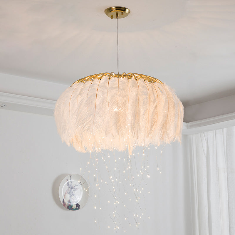 Nordic Circular Hanging Light Fixture Feather Dining Room Chandelier Pendant Light Clearhalo 'Ceiling Lights' 'Chandeliers' 'Modern Chandeliers' 'Modern' Lighting' 2459983