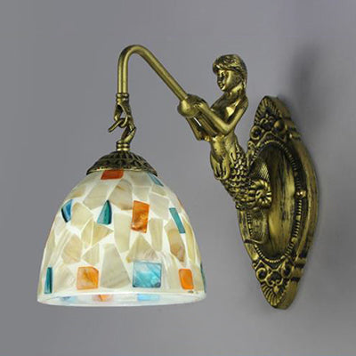 Shell Mosaic Wall Mounted Lamp Tiffany 1 Head Beige/Purple-Yellow/Blue-Yellow Sconce Light with Mermaid Backplate Clearhalo 'Industrial' 'Middle century wall lights' 'Tiffany wall lights' 'Tiffany' 'Wall Lamps & Sconces' 'Wall Lights' Lighting' 24600