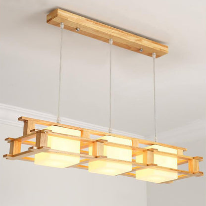 Cream Glass Cube Hanging Pendant Light Modern 3 Heads Wood Island Lighting Fixture Wood Clearhalo 'Ceiling Lights' 'Island Lights' Lighting' 2460012