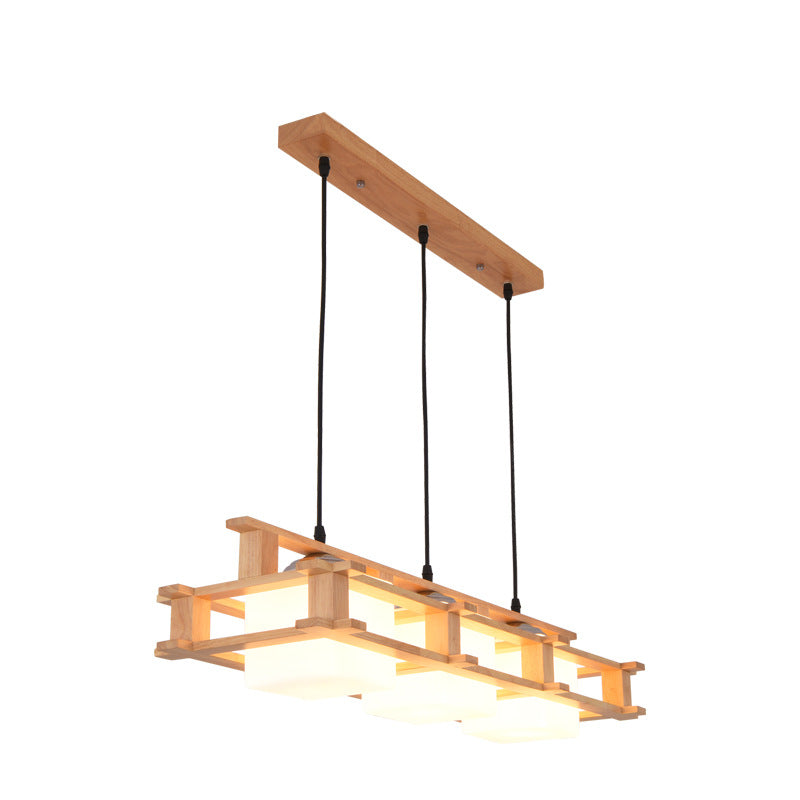 Cream Glass Cube Hanging Pendant Light Modern 3 Heads Wood Island Lighting Fixture Clearhalo 'Ceiling Lights' 'Island Lights' Lighting' 2460013