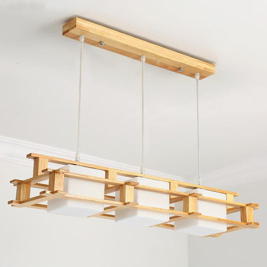 Cream Glass Cube Hanging Pendant Light Modern 3 Heads Wood Island Lighting Fixture Clearhalo 'Ceiling Lights' 'Island Lights' Lighting' 2460014