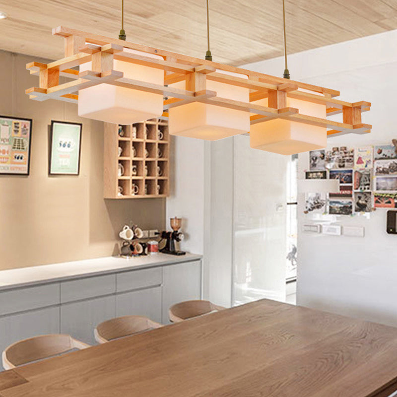 Cream Glass Cube Hanging Pendant Light Modern 3 Heads Wood Island Lighting Fixture Clearhalo 'Ceiling Lights' 'Island Lights' Lighting' 2460015
