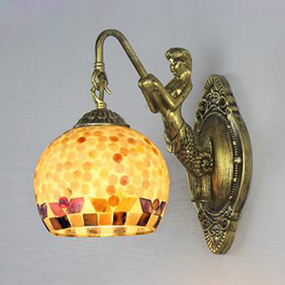 Shell Mosaic Wall Mounted Lamp Tiffany 1 Head Beige/Purple-Yellow/Blue-Yellow Sconce Light with Mermaid Backplate Purple-Yellow Clearhalo 'Industrial' 'Middle century wall lights' 'Tiffany wall lights' 'Tiffany' 'Wall Lamps & Sconces' 'Wall Lights' Lighting' 24601
