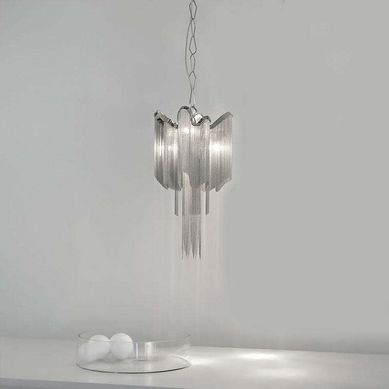 Aluminum Chain Tassel Chandelier Modern Stylish 4-Light Silver Hanging Ceiling Light Clearhalo 'Ceiling Lights' 'Chandeliers' 'Modern Chandeliers' 'Modern' Lighting' 2460131