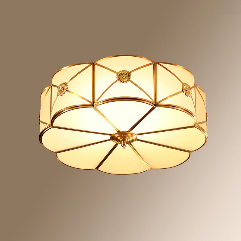 Gold Finish 4-Light Ceiling Fixture Colonial Style Frosted Glass Bowl Shaped Flush Mount Light Clearhalo 'Ceiling Lights' 'Close To Ceiling Lights' 'Close to ceiling' 'Flush mount' Lighting' 2460161