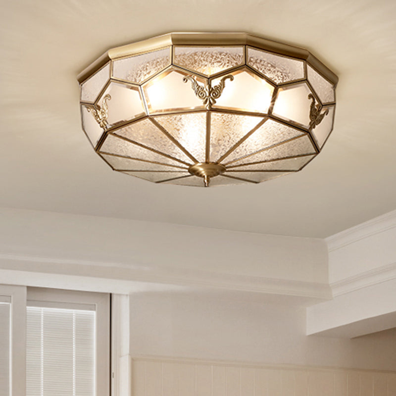 Gold Finish 4-Light Ceiling Fixture Colonial Style Frosted Glass Bowl Shaped Flush Mount Light Clearhalo 'Ceiling Lights' 'Close To Ceiling Lights' 'Close to ceiling' 'Flush mount' Lighting' 2460165