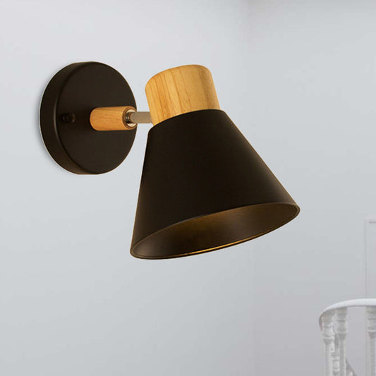 Nordic Stylish Cone Shade Wall Mount Light Metal and Wood 1 Bulb Bedside Rotatable Wall Sconce in Black/White Black Clearhalo 'Cast Iron' 'Glass' 'Industrial' 'Modern wall lights' 'Modern' 'Tiffany' 'Traditional wall lights' 'Wall Lamps & Sconces' 'Wall Lights' Lighting' 246016