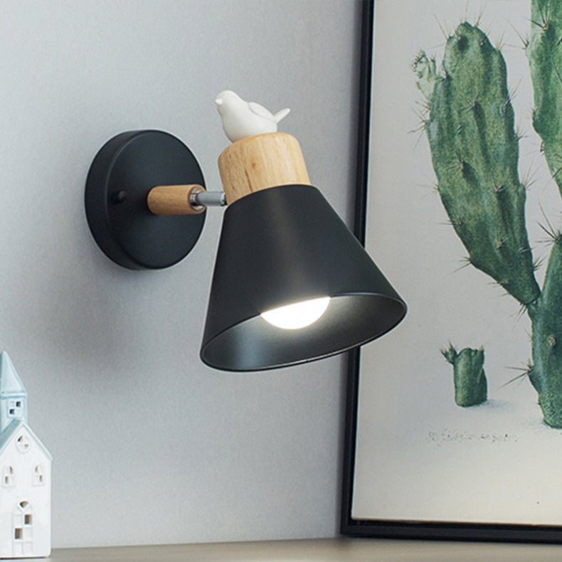 Nordic Stylish Cone Shade Wall Mount Light Metal and Wood 1 Bulb Bedside Rotatable Wall Sconce in Black/White Clearhalo 'Cast Iron' 'Glass' 'Industrial' 'Modern wall lights' 'Modern' 'Tiffany' 'Traditional wall lights' 'Wall Lamps & Sconces' 'Wall Lights' Lighting' 246017