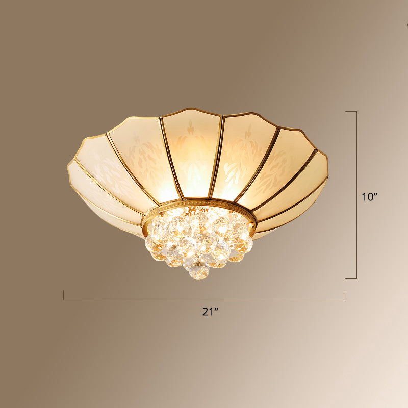 Gold Finish 4-Light Ceiling Fixture Colonial Style Frosted Glass Bowl Shaped Flush Mount Light Clearhalo 'Ceiling Lights' 'Close To Ceiling Lights' 'Close to ceiling' 'Flush mount' Lighting' 2460174