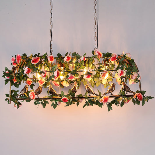 Green-Pink 4 Bulbs Island Lamp Loft Style Iron Birdcage Pendant Light with Artificial Flower and Plant Clearhalo 'Ceiling Lights' 'Island Lights' Lighting' 2460187