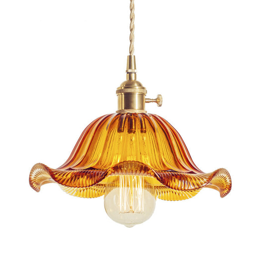 Vintage Ruffled Hanging Light Single Carved Glass Ceiling Pendant Lamp with Rotary Switch Amber Clearhalo 'Ceiling Lights' 'Glass shade' 'Glass' 'Industrial Pendants' 'Industrial' 'Middle Century Pendants' 'Pendant Lights' 'Pendants' 'Tiffany' Lighting' 2460199