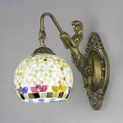 Shell Mosaic Wall Mounted Lamp Tiffany 1 Head Beige/Purple-Yellow/Blue-Yellow Sconce Light with Mermaid Backplate Clearhalo 'Industrial' 'Middle century wall lights' 'Tiffany wall lights' 'Tiffany' 'Wall Lamps & Sconces' 'Wall Lights' Lighting' 24602
