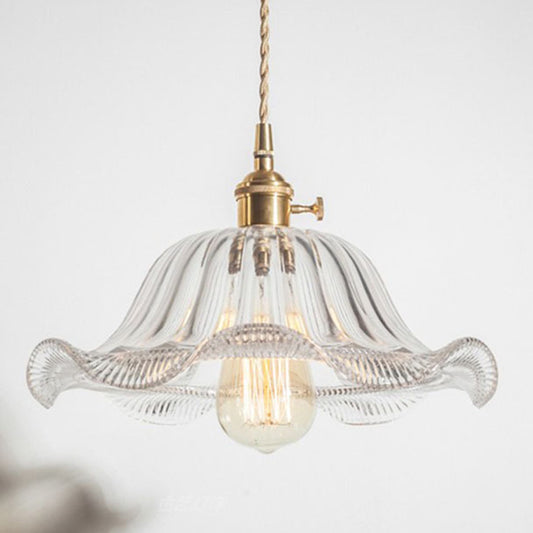 Vintage Ruffled Hanging Light Single Carved Glass Ceiling Pendant Lamp with Rotary Switch Clear Clearhalo 'Ceiling Lights' 'Glass shade' 'Glass' 'Industrial Pendants' 'Industrial' 'Middle Century Pendants' 'Pendant Lights' 'Pendants' 'Tiffany' Lighting' 2460200