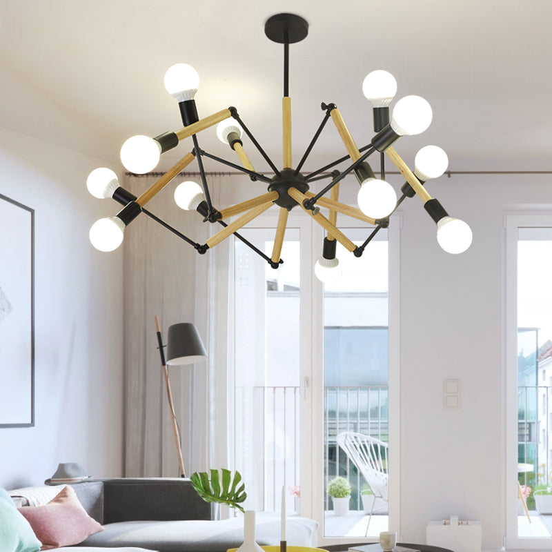 Black and Wood Spider Chandelier Loft Style Metal Living Room Ceiling Hang Light Clearhalo 'Cast Iron' 'Ceiling Lights' 'Chandeliers' 'Industrial Chandeliers' 'Industrial' 'Metal' 'Middle Century Chandeliers' 'Rustic Chandeliers' 'Tiffany' Lighting' 2460222