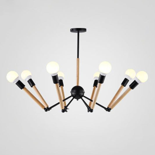 Black and Wood Spider Chandelier Loft Style Metal Living Room Ceiling Hang Light 8 Black Clearhalo 'Cast Iron' 'Ceiling Lights' 'Chandeliers' 'Industrial Chandeliers' 'Industrial' 'Metal' 'Middle Century Chandeliers' 'Rustic Chandeliers' 'Tiffany' Lighting' 2460223