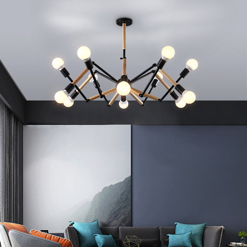 Black and Wood Spider Chandelier Loft Style Metal Living Room Ceiling Hang Light Clearhalo 'Cast Iron' 'Ceiling Lights' 'Chandeliers' 'Industrial Chandeliers' 'Industrial' 'Metal' 'Middle Century Chandeliers' 'Rustic Chandeliers' 'Tiffany' Lighting' 2460224