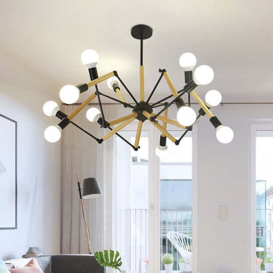 Black and Wood Spider Chandelier Loft Style Metal Living Room Ceiling Hang Light 12 Black Clearhalo 'Cast Iron' 'Ceiling Lights' 'Chandeliers' 'Industrial Chandeliers' 'Industrial' 'Metal' 'Middle Century Chandeliers' 'Rustic Chandeliers' 'Tiffany' Lighting' 2460225