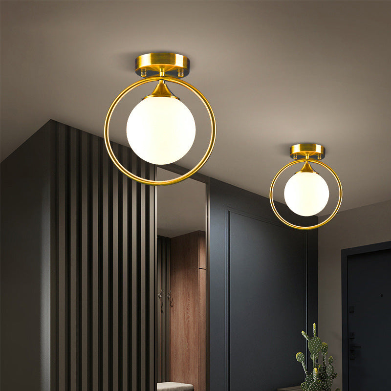 Postmodern Ball Ceiling Lighting Glass 1-Light Corridor Semi-Flush Mount Light with Brass Metal Ring Cream Clearhalo 'Ceiling Lights' 'Close To Ceiling Lights' 'Close to ceiling' 'Semi-flushmount' Lighting' 2460240