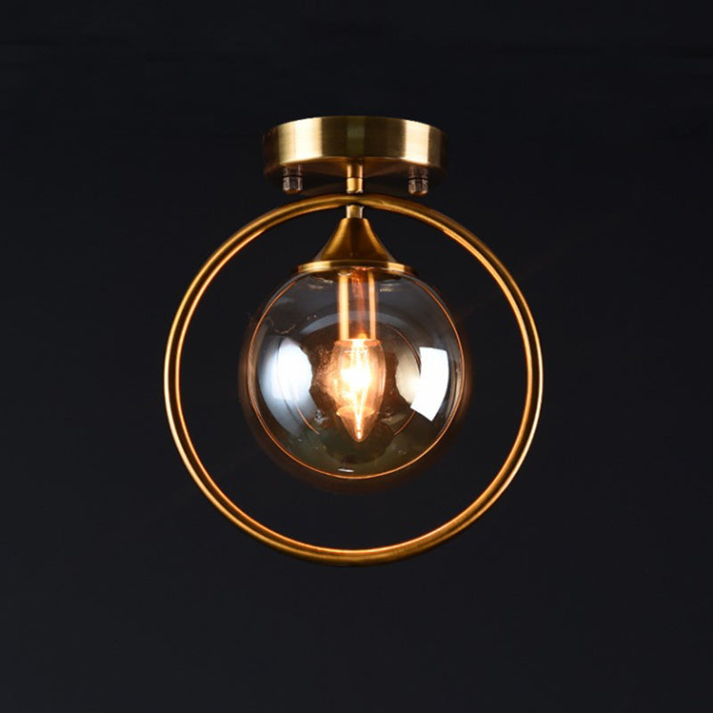 Postmodern Ball Ceiling Lighting Glass 1-Light Corridor Semi-Flush Mount Light with Brass Metal Ring Amber Clearhalo 'Ceiling Lights' 'Close To Ceiling Lights' 'Close to ceiling' 'Semi-flushmount' Lighting' 2460241