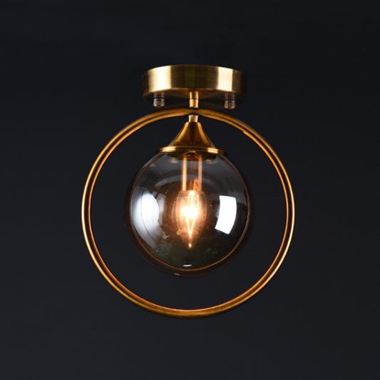 Postmodern Ball Ceiling Lighting Glass 1-Light Corridor Semi-Flush Mount Light with Brass Metal Ring Smoke Gray Clearhalo 'Ceiling Lights' 'Close To Ceiling Lights' 'Close to ceiling' 'Semi-flushmount' Lighting' 2460242