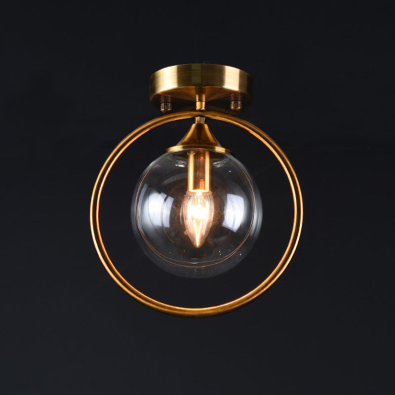 Postmodern Ball Ceiling Lighting Glass 1-Light Corridor Semi-Flush Mount Light with Brass Metal Ring Clear Clearhalo 'Ceiling Lights' 'Close To Ceiling Lights' 'Close to ceiling' 'Semi-flushmount' Lighting' 2460244