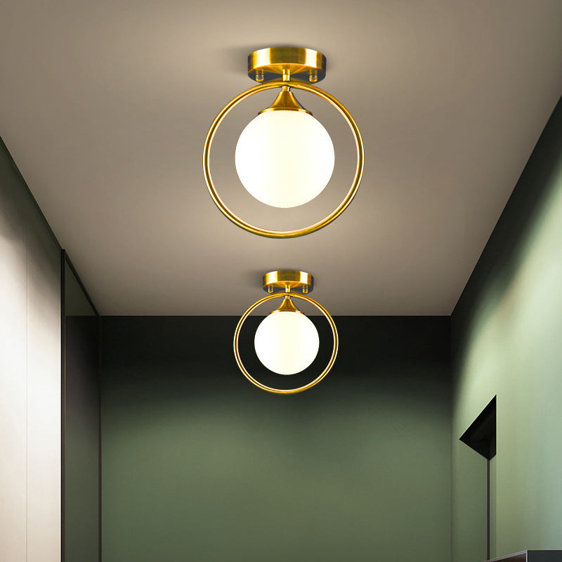 Postmodern Ball Ceiling Lighting Glass 1-Light Corridor Semi-Flush Mount Light with Brass Metal Ring Clearhalo 'Ceiling Lights' 'Close To Ceiling Lights' 'Close to ceiling' 'Semi-flushmount' Lighting' 2460245