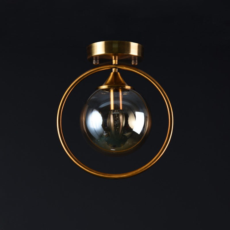 Postmodern Ball Ceiling Lighting Glass 1-Light Corridor Semi-Flush Mount Light with Brass Metal Ring Clearhalo 'Ceiling Lights' 'Close To Ceiling Lights' 'Close to ceiling' 'Semi-flushmount' Lighting' 2460247