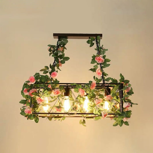 Metal Cage Island Lighting Industrial Restaurant Suspension Light with Plant Decoration 4 Pink Clearhalo 'Ceiling Lights' 'Island Lights' Lighting' 2460267