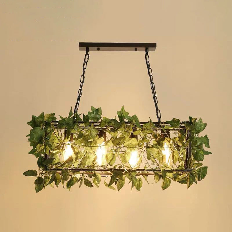 Metal Cage Island Lighting Industrial Restaurant Suspension Light with Plant Decoration 4 Green Clearhalo 'Ceiling Lights' 'Island Lights' Lighting' 2460268