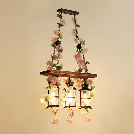 Metal Cage Island Lighting Industrial Restaurant Suspension Light with Plant Decoration 3 Pink Clearhalo 'Ceiling Lights' 'Island Lights' Lighting' 2460269