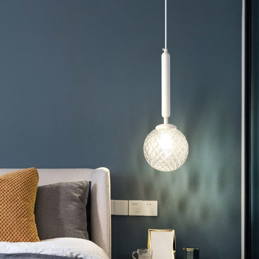 Clear Lattice Glass Ball Pendant Lamp Simple Style 1-Light Suspension Lighting for Bedroom White Clearhalo 'Ceiling Lights' 'Glass shade' 'Glass' 'Modern Pendants' 'Modern' 'Pendant Lights' 'Pendants' Lighting' 2460288