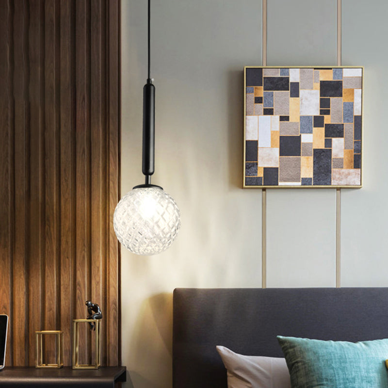 Clear Lattice Glass Ball Pendant Lamp Simple Style 1-Light Suspension Lighting for Bedroom Clearhalo 'Ceiling Lights' 'Glass shade' 'Glass' 'Modern Pendants' 'Modern' 'Pendant Lights' 'Pendants' Lighting' 2460291