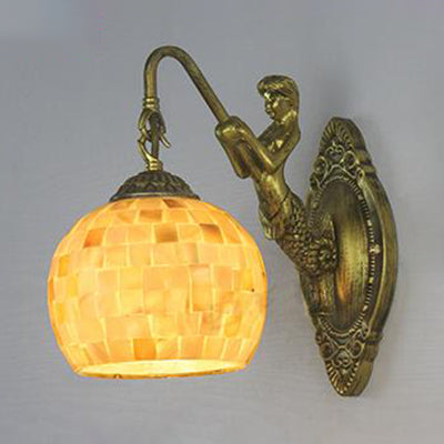 Shell Mosaic Wall Mounted Lamp Tiffany 1 Head Beige/Purple-Yellow/Blue-Yellow Sconce Light with Mermaid Backplate Beige Clearhalo 'Industrial' 'Middle century wall lights' 'Tiffany wall lights' 'Tiffany' 'Wall Lamps & Sconces' 'Wall Lights' Lighting' 24603
