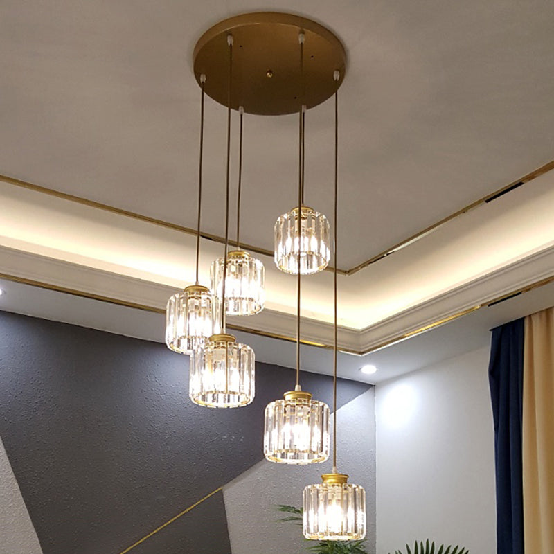 Prismatic Crystal Cylindrical Hanging Light Contemporary Cluster Pendant Light for Stairs Clearhalo 'Ceiling Lights' 'Close To Ceiling Lights' 'Glass shade' 'Glass' 'Modern Pendants' 'Modern' 'Pendant Lights' 'Pendants' Lighting' 2460303