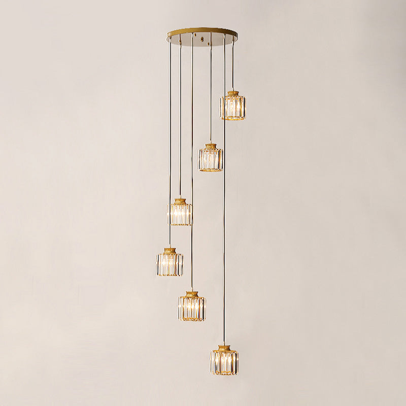 Prismatic Crystal Cylindrical Hanging Light Contemporary Cluster Pendant Light for Stairs 6 Gold Clearhalo 'Ceiling Lights' 'Close To Ceiling Lights' 'Glass shade' 'Glass' 'Modern Pendants' 'Modern' 'Pendant Lights' 'Pendants' Lighting' 2460304