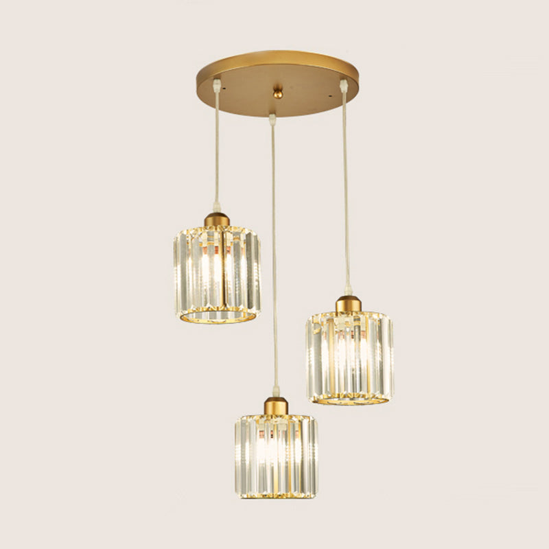 Prismatic Crystal Cylindrical Hanging Light Contemporary Cluster Pendant Light for Stairs 3 Gold Clearhalo 'Ceiling Lights' 'Close To Ceiling Lights' 'Glass shade' 'Glass' 'Modern Pendants' 'Modern' 'Pendant Lights' 'Pendants' Lighting' 2460305