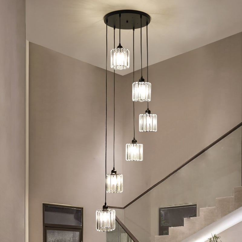 Prismatic Crystal Cylindrical Hanging Light Contemporary Cluster Pendant Light for Stairs Clearhalo 'Ceiling Lights' 'Close To Ceiling Lights' 'Glass shade' 'Glass' 'Modern Pendants' 'Modern' 'Pendant Lights' 'Pendants' Lighting' 2460308