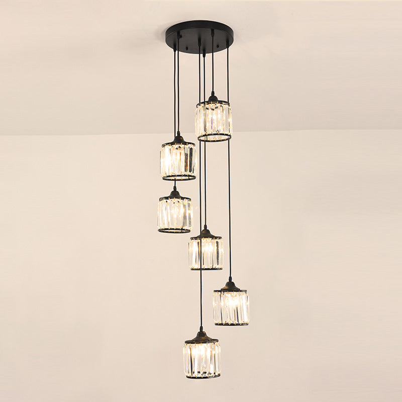 Prismatic Crystal Cylindrical Hanging Light Contemporary Cluster Pendant Light for Stairs 6 Black Clearhalo 'Ceiling Lights' 'Close To Ceiling Lights' 'Glass shade' 'Glass' 'Modern Pendants' 'Modern' 'Pendant Lights' 'Pendants' Lighting' 2460309