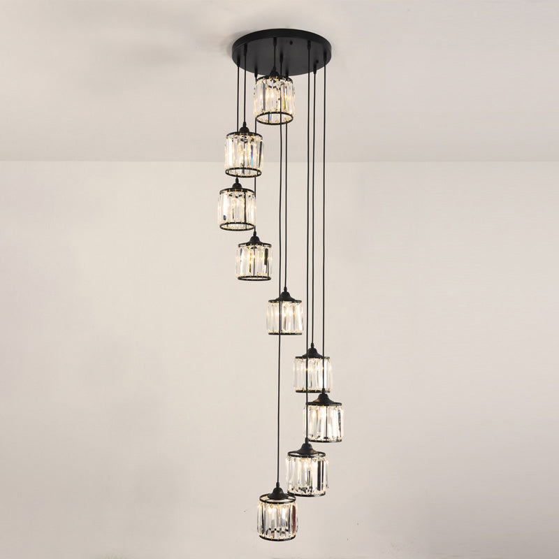 Prismatic Crystal Cylindrical Hanging Light Contemporary Cluster Pendant Light for Stairs 9 Black Clearhalo 'Ceiling Lights' 'Close To Ceiling Lights' 'Glass shade' 'Glass' 'Modern Pendants' 'Modern' 'Pendant Lights' 'Pendants' Lighting' 2460311