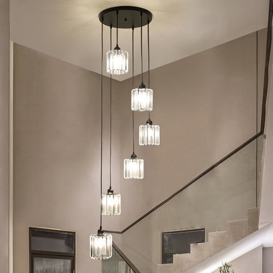 Prismatic Crystal Cylindrical Hanging Light Contemporary Cluster Pendant Light for Stairs Clearhalo 'Ceiling Lights' 'Close To Ceiling Lights' 'Glass shade' 'Glass' 'Modern Pendants' 'Modern' 'Pendant Lights' 'Pendants' Lighting' 2460312